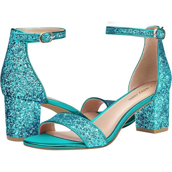 Pizz Annu Womens 6 Blue Glitter Sparkle Open Toe 2" Block Heel Ankle Strap Shoes - Picture 2 of 6